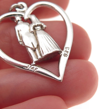 J. M. Fisher Sterling Silver Vintage Bride & Groom Wedding Couple Heart Pendant