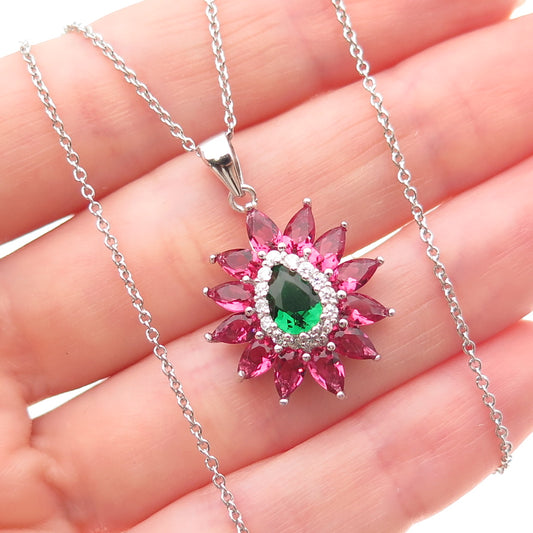 925 Sterling Silver Multi-Color C Z Floral Cable Chain Necklace 18"