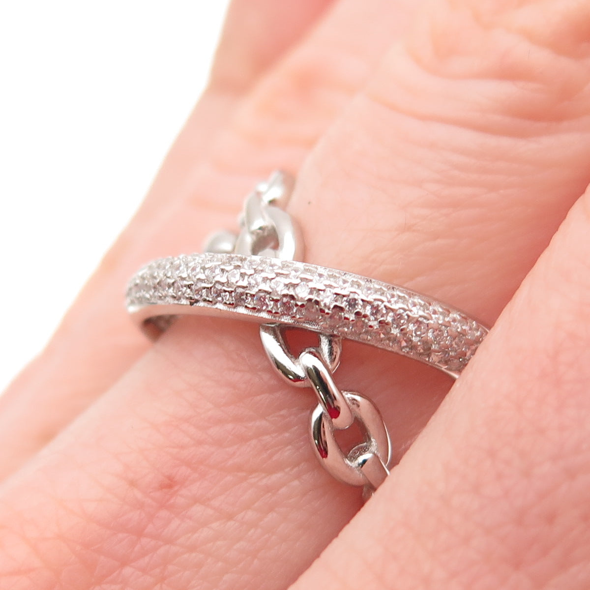 925 Sterling Silver Round-Cut C Z Multi-Chain Crossover Ring Size 6.25