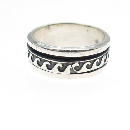 925 Sterling Silver Vintage Wave Rotating Band Oxidized Ring Size 12.75