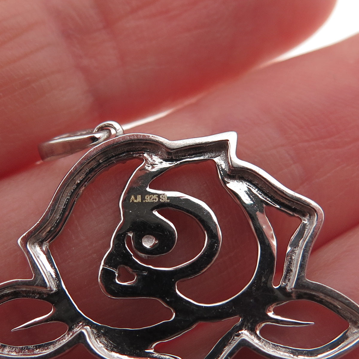 925 Sterling Silver Black Rhodium Real Diamond Accent Rose Floral Charm Pendant