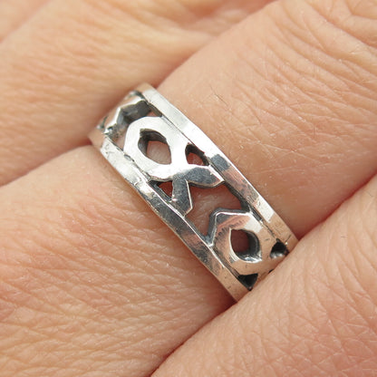 925 Sterling Silver Vintage Ichthys All Around Religious Band Ring Size 8.25