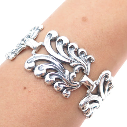 DANECRAFT 925 Sterling Silver Antique Floral Panel Link Oxidized Bracelet 7.75"