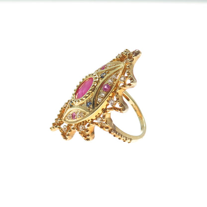 DSMK 925 Sterling Silver Gold Plated Real Sapphire Ruby & Topaz Ring Size 7.25