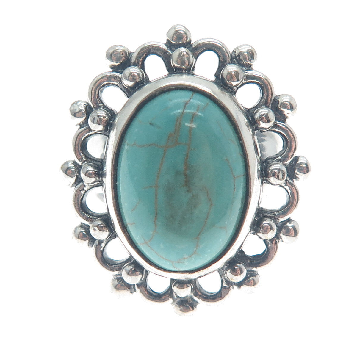 925 Sterling Silver Vintage Mountain Turquoise Flower Oxidized Ring Size 8.75