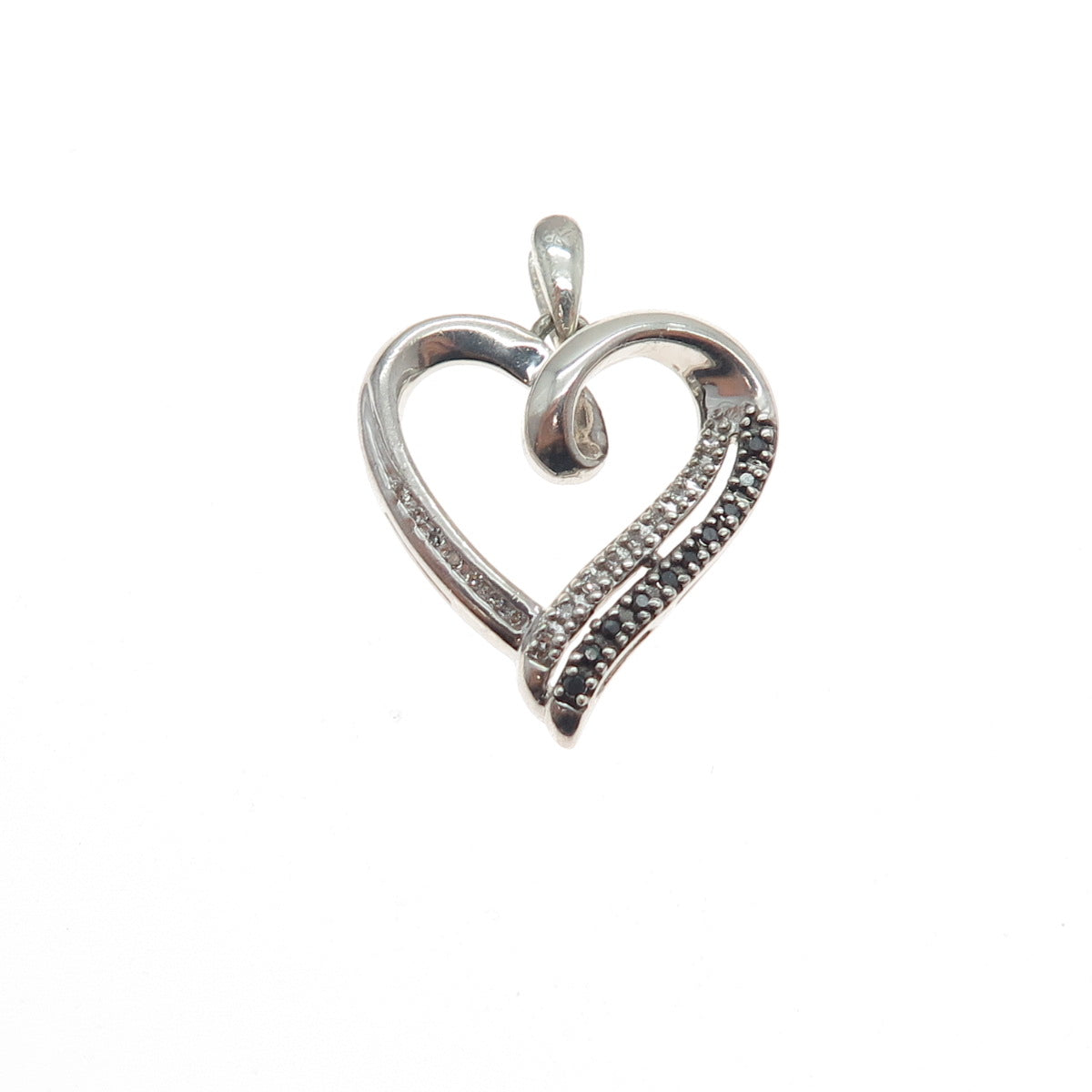 925 Sterling Silver Real Black & White Diamond Heart Minimalist Slide Pendant