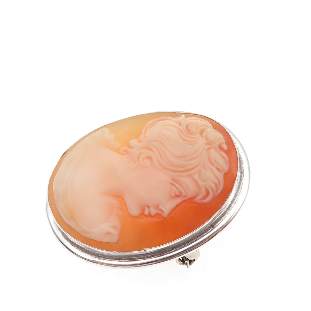 800 Silver Vintage Real MOP Carved Lady Cameo Pin Brooch / Pendant