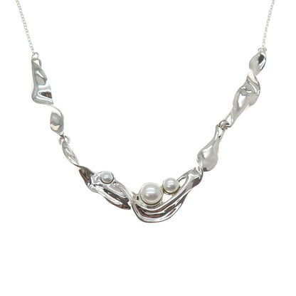 HAGIT GORALI 925 Sterling Silver Vintage Real Pearl Modernist Chain Necklace