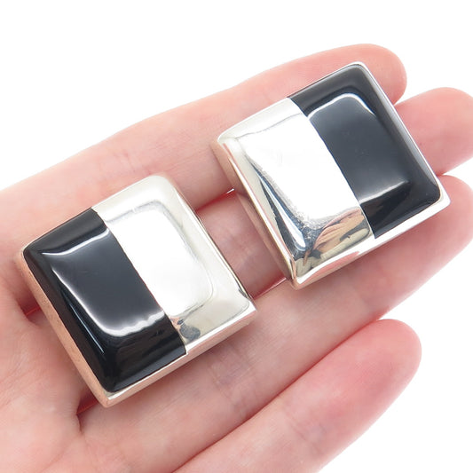 925 Sterling Silver Vintage Mexico Real Black Onyx Square Clip On Earrings