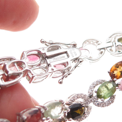 925 Sterling Silver Real Multi-Color Tourmaline & White Topaz Bracelet 7.25"