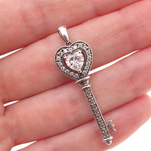 JH Young 925 Sterling Silver Heart & Round-Cut C Z Key Charm Pendant