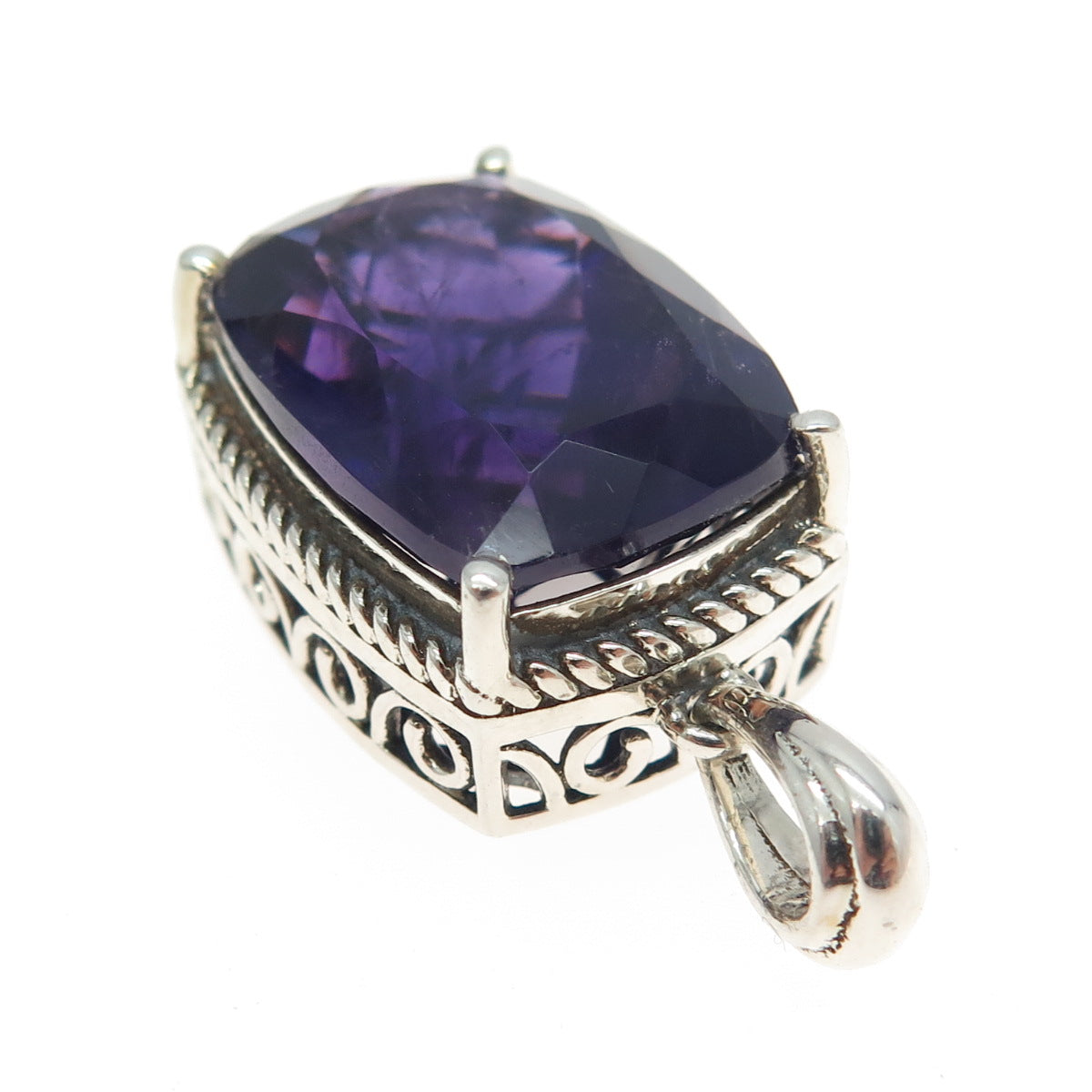 925 Sterling Silver Real Elongated Cushion-Cut C Z Amethyst Pendant