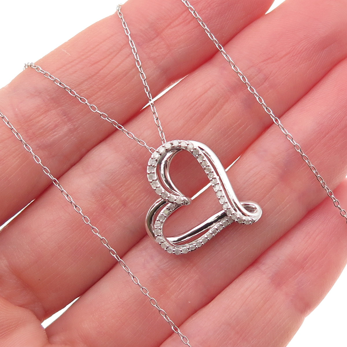 925 Sterling Silver Real Round-Cut Diamond Heart Cable Chain Necklace 20"