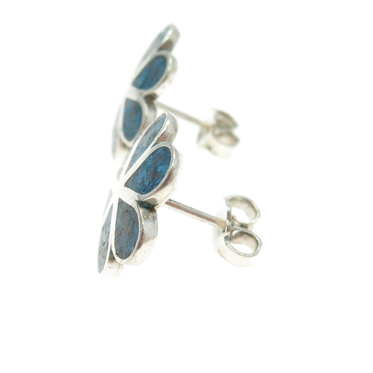 925 Sterling Silver Vintage MR Mexico Real Turquoise Inlay Flower Earrings