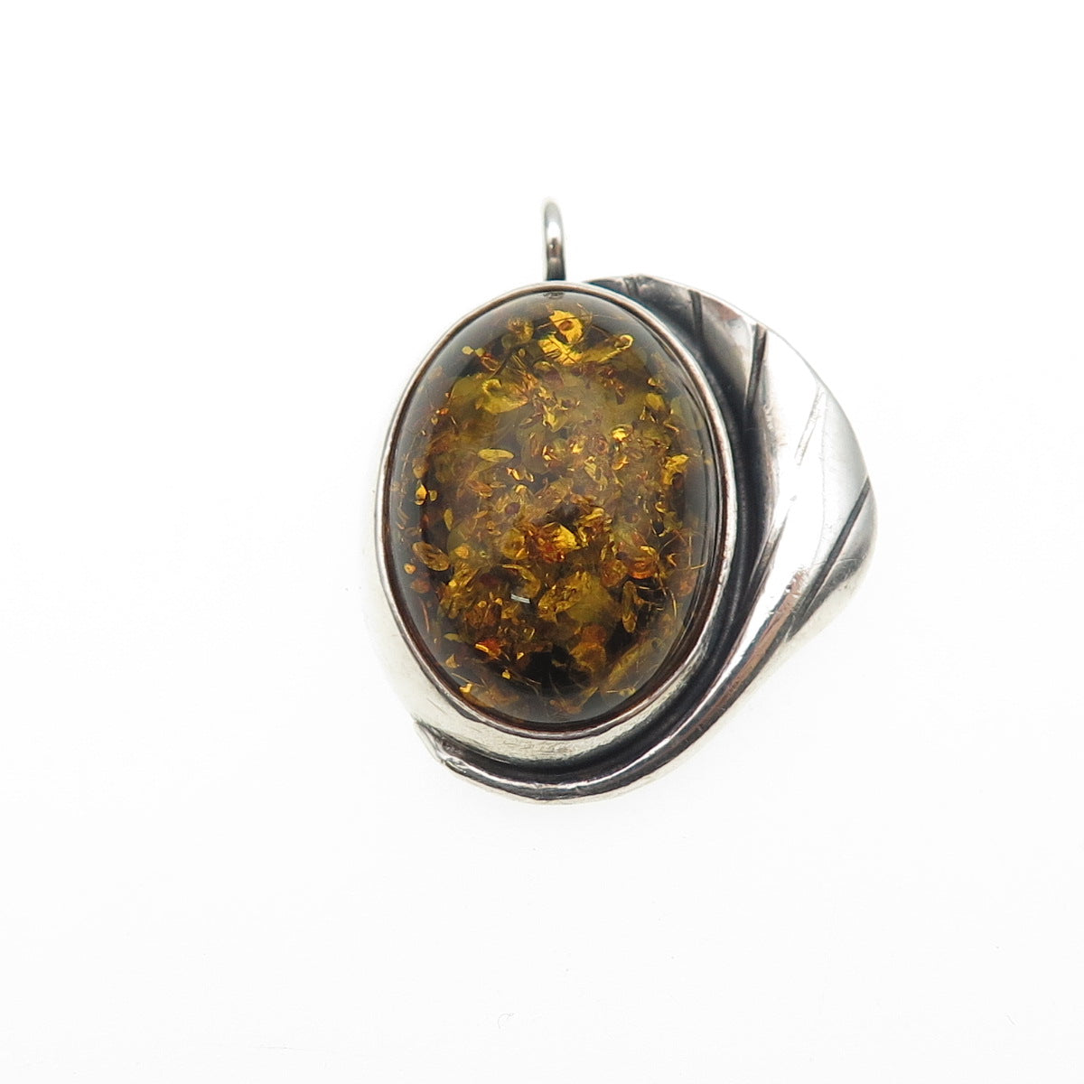 925 Sterling Silver Vintage Real Amber Modernist Floral Oxidized Charm Pendant