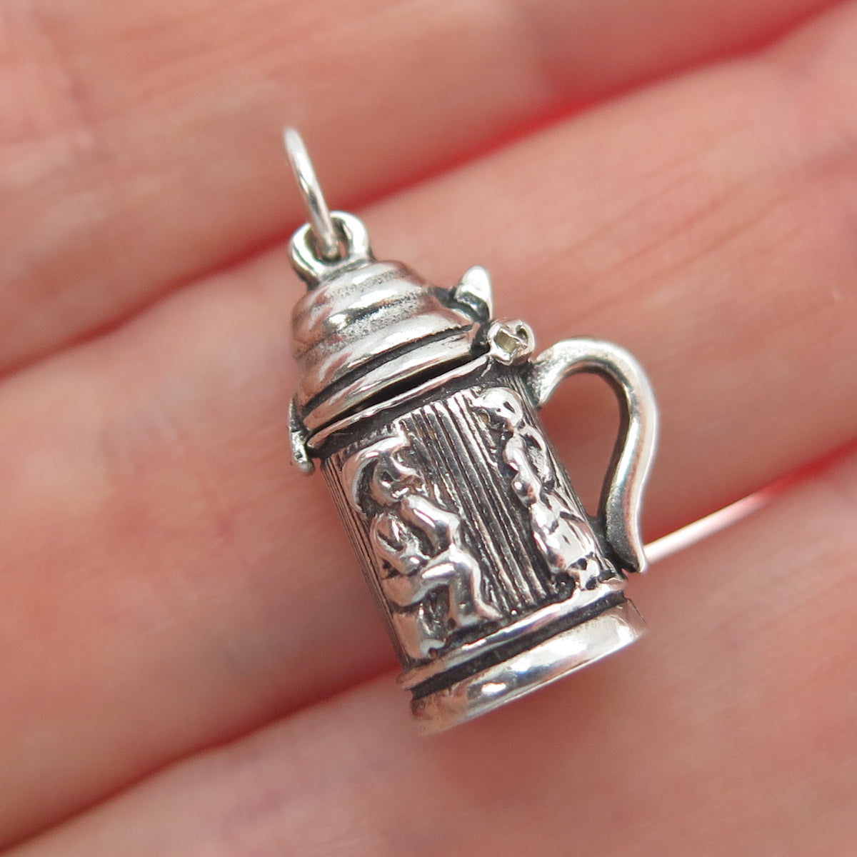 925 Sterling Silver Vintage Beer Stein Oxidized Minimalist Locket Charm Pendant