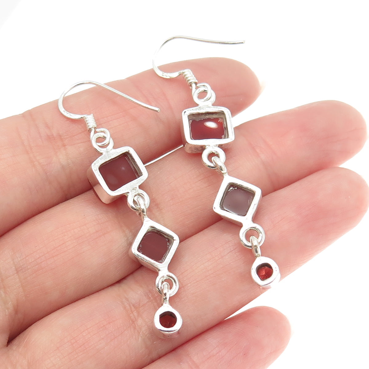 925 Sterling Silver Vintage Real Carnelian Gemstone Dangling Hook Earrings