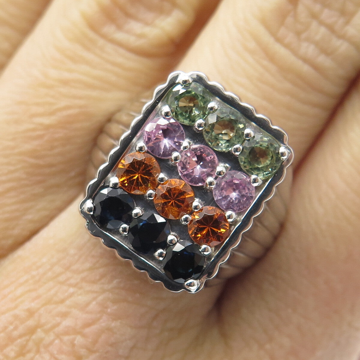 DSMK 925 Sterling Silver Round-Cut Multi-Color Sapphire Ribbed Ring Size 7.25