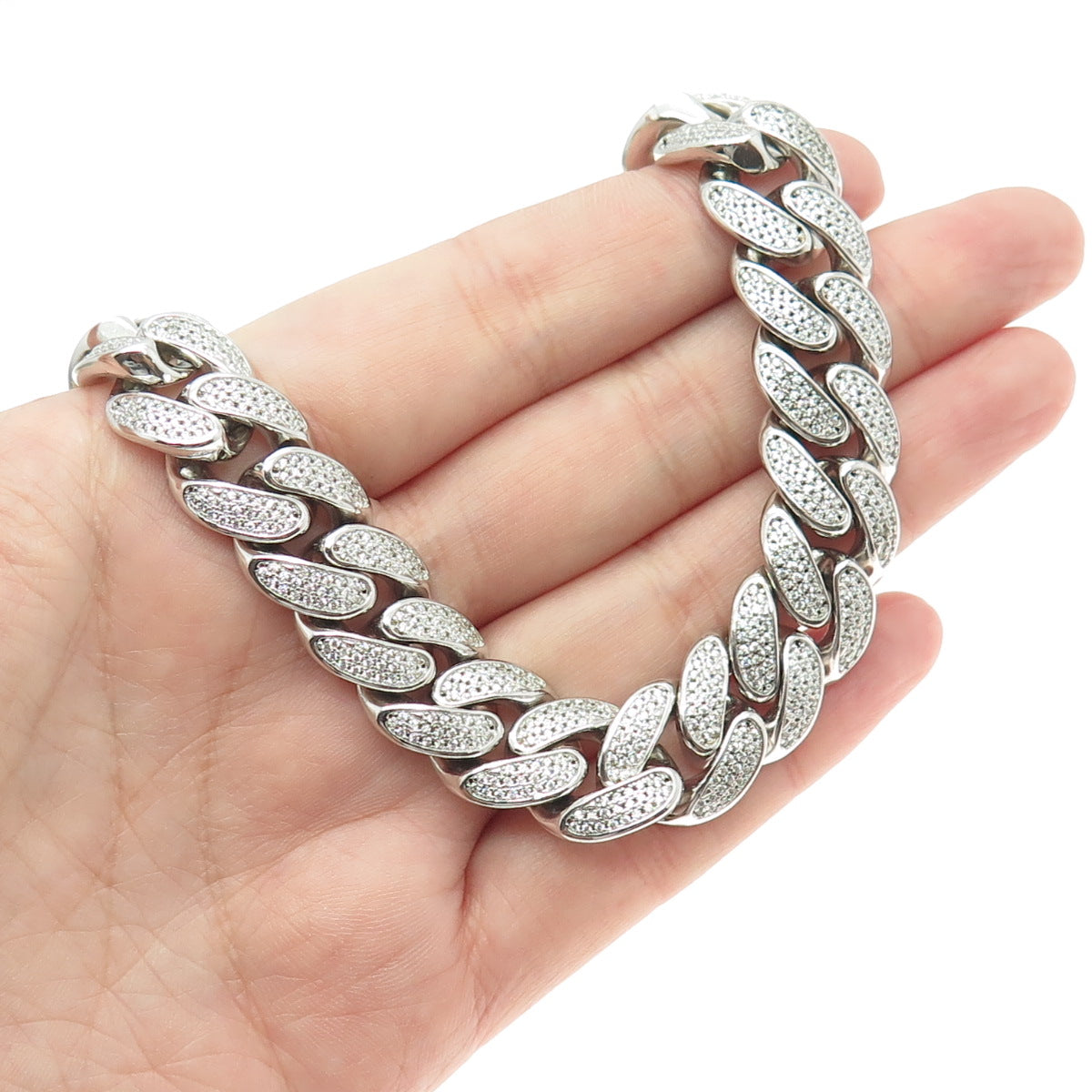 925 Sterling Silver Pave C Z Curb Chain Necklace 16"