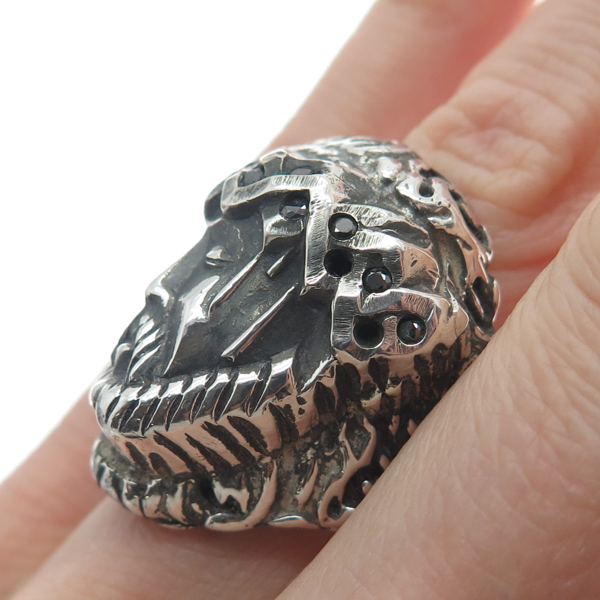 925 Sterling Vintage Real Black Diamond Jesus Ring Size 12.75 (missing 3 stone)