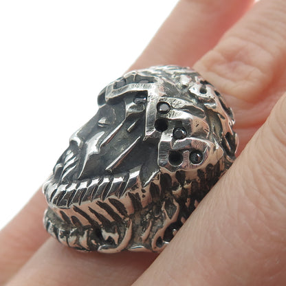 925 Sterling Vintage Real Black Diamond Jesus Ring Size 12.75 (missing 3 stone)