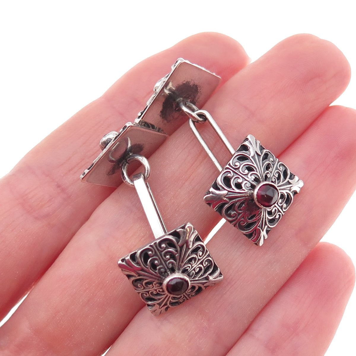 800 Silver Antique Art Deco Real Red Garnet Floral Oxidized Cufflinks