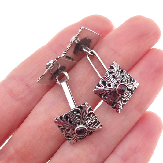 800 Silver Antique Art Deco Real Red Garnet Floral Oxidized Cufflinks