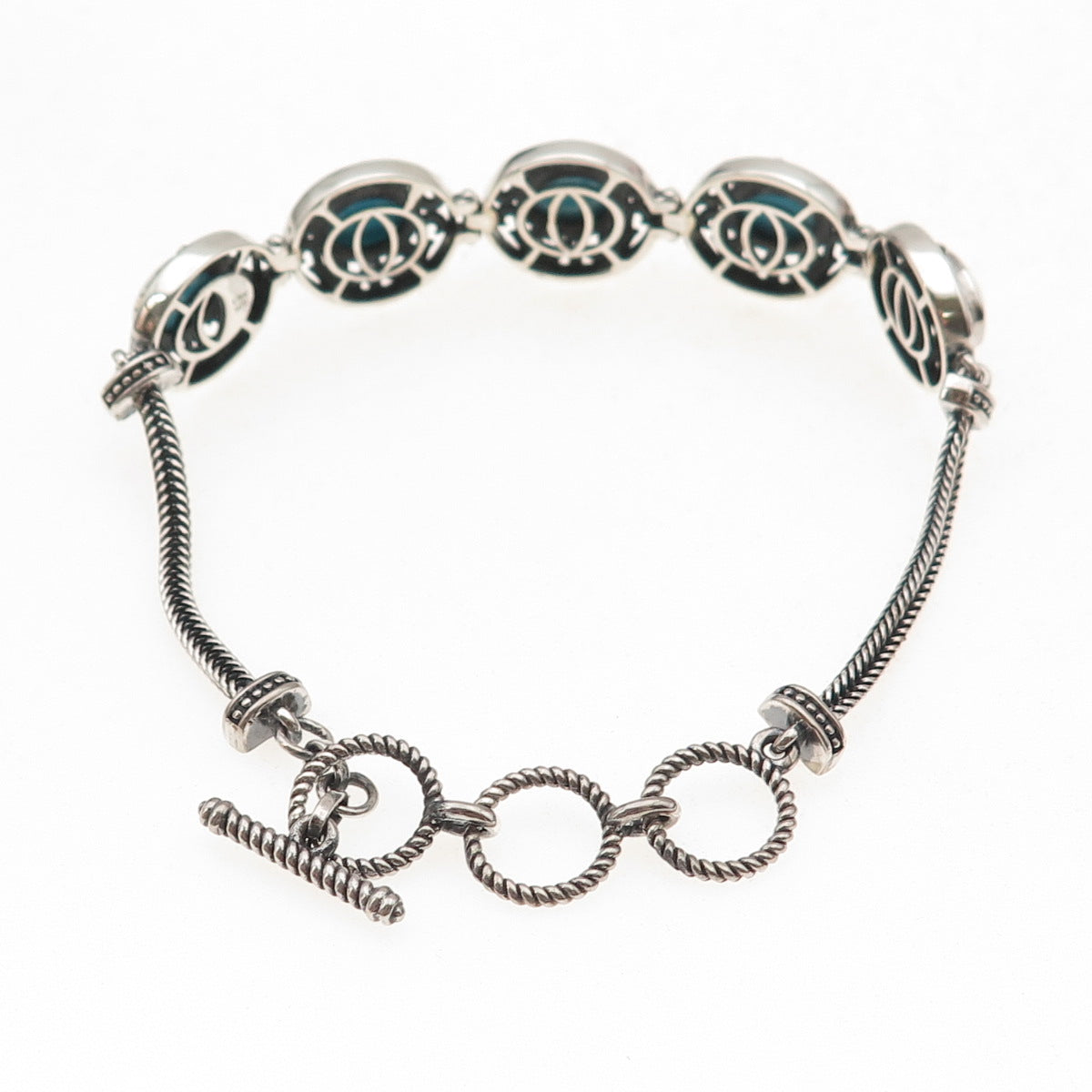 D'Joy 925 Sterling Silver Real Turquoise Floral Ornate Oxidized Bracelet 7-8"