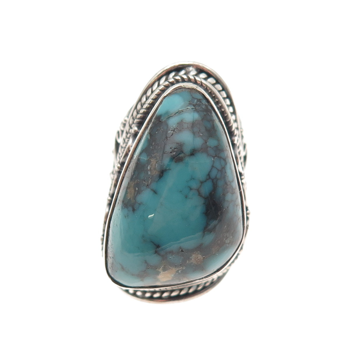 925 Sterling Silver Vintage Real Bisbee Turquoise Oxidized Ring Size 7.75