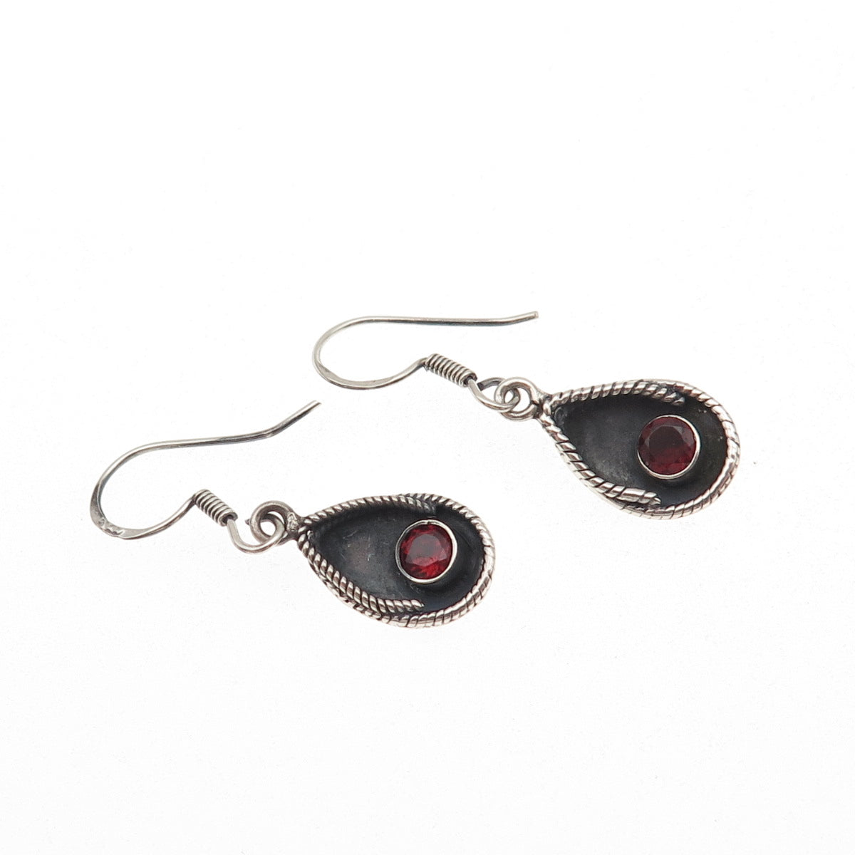 925 Sterling Silver Vintage Real Red Garnet Modernist Teardrop Dangle Earrings