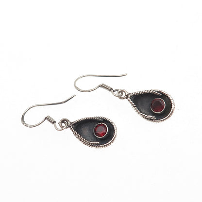 925 Sterling Silver Vintage Real Red Garnet Modernist Teardrop Dangle Earrings