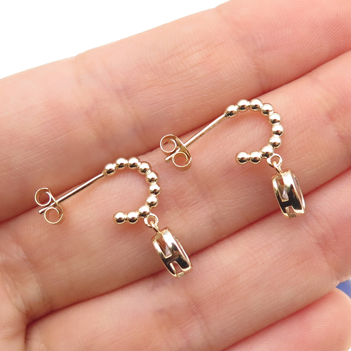 925 Sterling Silver Gold Plated Oval-Cut C Z Beaded Hoop Dangle Earrings