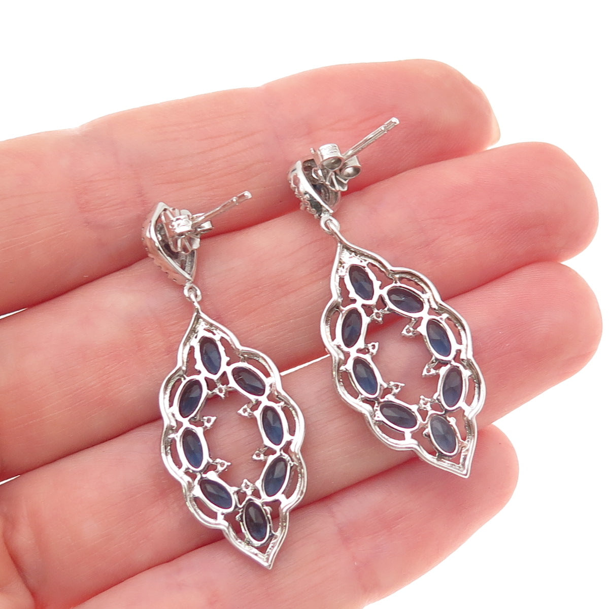 925 Sterling Silver Blue & White C Z Bohemian Dangle Earrings