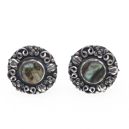 925 Sterling Vintage Mexico Real Abalone Shell Oxidized Screw Back Earrings