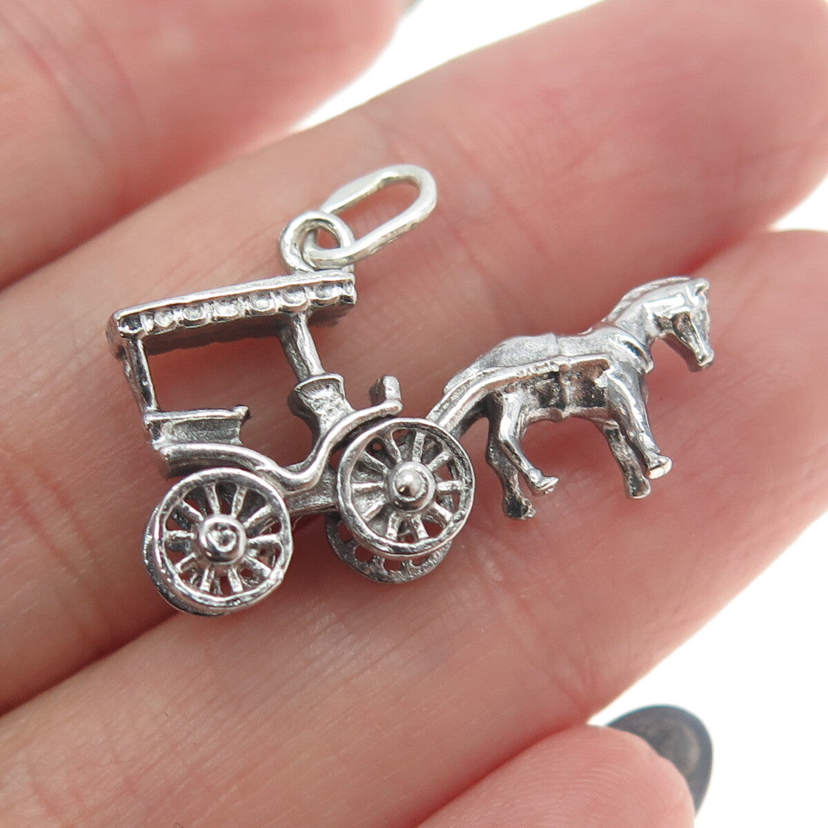 925 Sterling Silver Antique Art Deco "New Orleans" Horse Carriage 3D Pendant