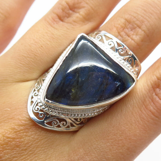 925 Sterling Silver Vintage Labradorite Gem Ornate Statement Ring Size 10.25