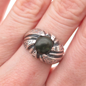 925 Sterling Silver Vintage Real Jade Modernist Oxidized Ring Size 6.5