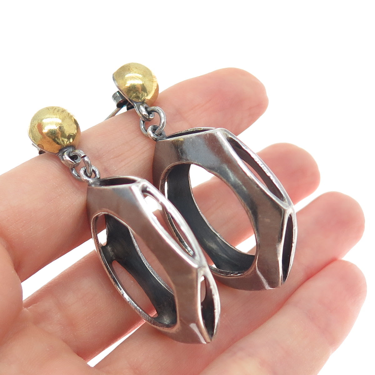 925 Sterling Silver 2-Tone Vintage Modernist Geometric Oxidized Dangle Earrings