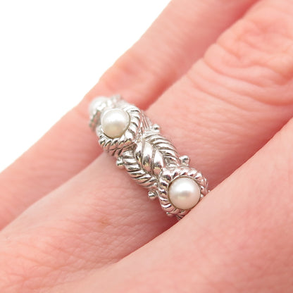 Judith Ripka 925 Sterling Silver Vintage Real Pearl Station Ring Size 6