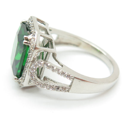 925 Sterling Silver Green Octagon-Cut & White Round-Cut Shaped C Z Ring Size 8