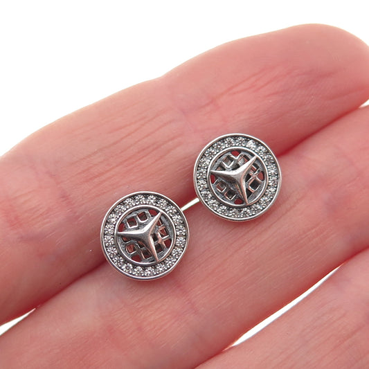 925 Sterling Silver Round-Cut C Z Mercedes-Benz Stud Earrings