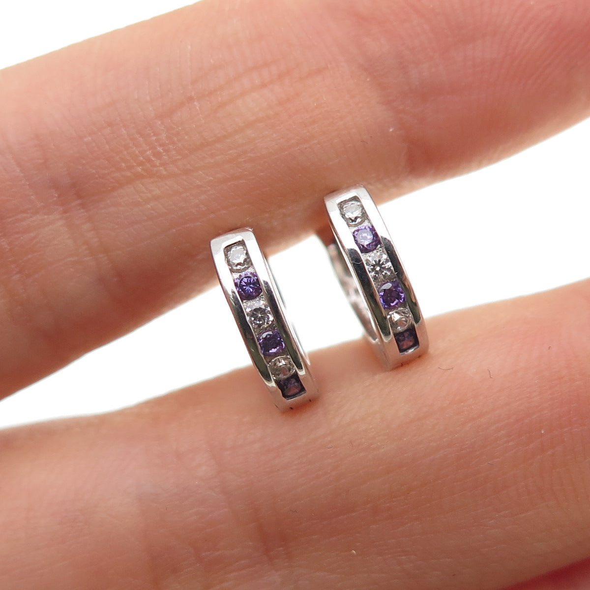 925 Sterling Silver Round-Cut Purple & White C Z Hoop Earrings