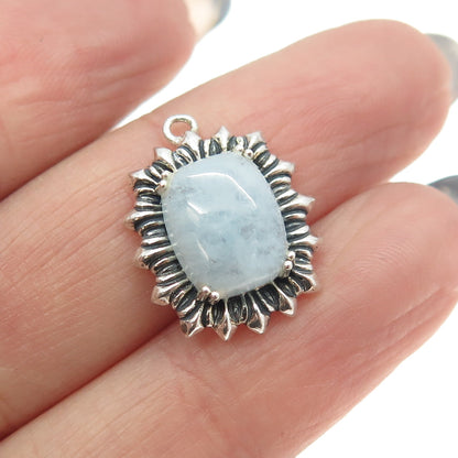 925 Sterling Silver Vintage Real Milky Aquamarine Gem Ribbed Pendant