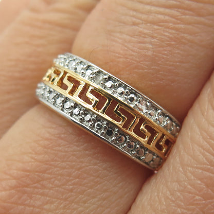 925 Sterling Silver 2-Tone Real Diamond Accent Greek Maze Ring Size 6.75