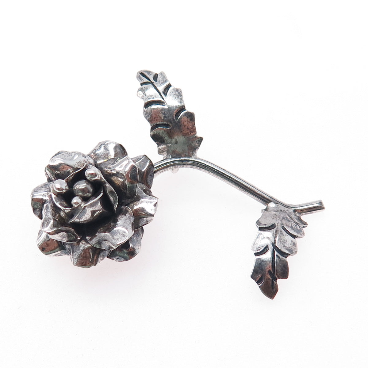 925 Sterling Silver Vintage Mexico Rose Flower Oxidized Pin Brooch