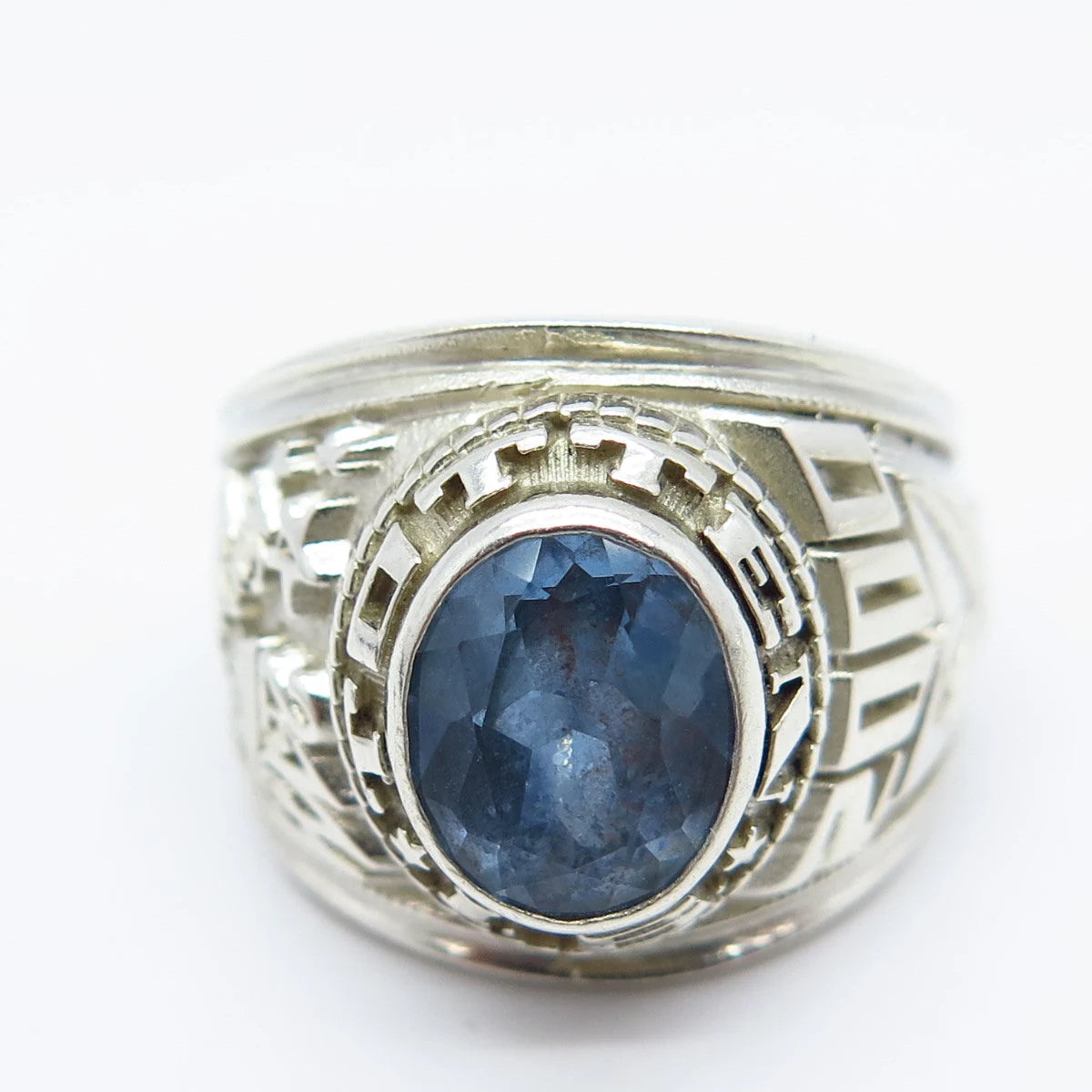 925 Sterling Silver Vintage Real Blue Topaz Gemstone Wide Ring Size 7.5