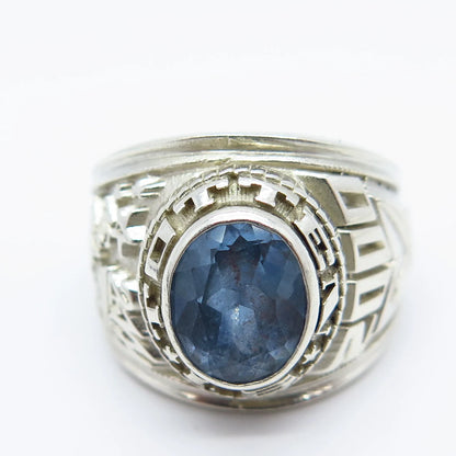 925 Sterling Silver Vintage Real Blue Topaz Gemstone Wide Ring Size 7.5