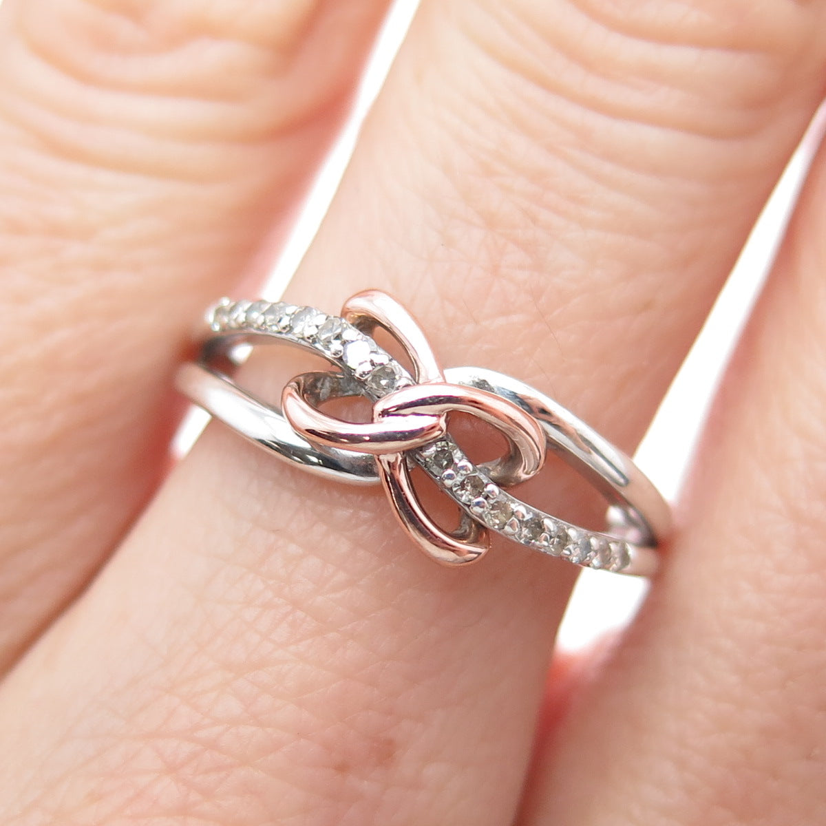 925 Sterling Silver 10K Rose Gold Real Diamond Infinity Heart Ring Size 7.25