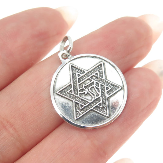 925 Sterling Silver Vintage Italy Chai Star of David Judaica Round Charm Pendant