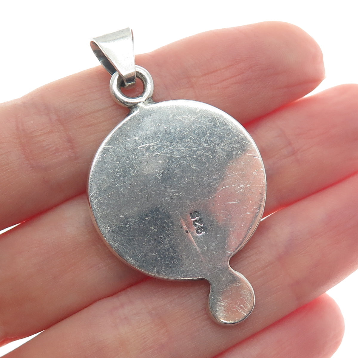 925 Sterling Silver Vintage Real Hematite Gem Swirl Modernist Oxidized Pendant